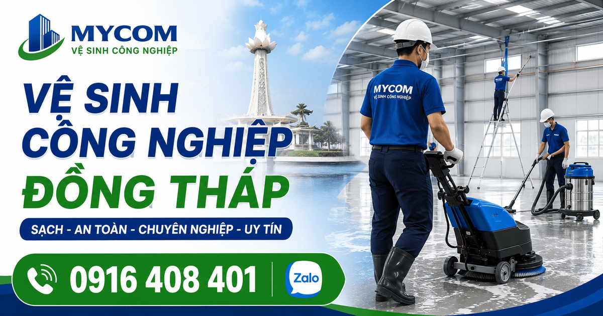 Hình ảnh đội ngũ nhân viên Mycom thi công vệ sinh công nghiệp tại nhà xưởng ở Đồng Tháp với máy móc hiện đại. Mycom chuyên cung cấp dịch vụ vệ sinh nhà xưởng, vệ sinh nhà máy, vệ sinh kho xưởng, đánh bóng sàn bê tông, vệ sinh trần, mái, vách panel, quét mạng nhện và cung cấp tạp vụ văn phòng. Phục vụ trên toàn tỉnh Đồng Tháp, Tiền Giang và các tỉnh lân cận. Hotline/Zalo: 0916 408 401.
